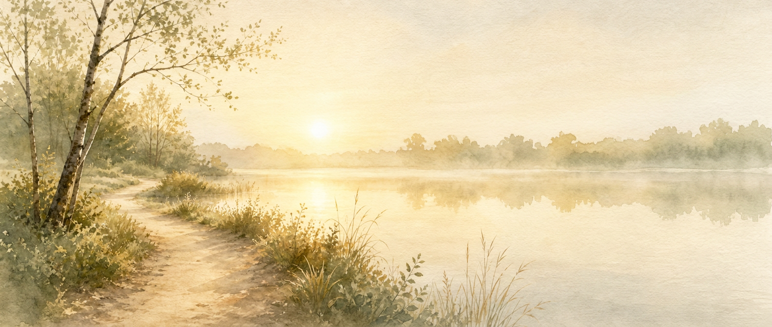 Aquarel — mirno jezero u jutarnjem svjetlu
